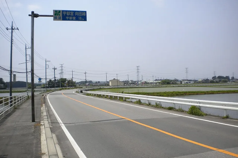 田園地帯をゆるやかにカーブしながら延びる片側一車線の県道と、道路脇の青い案内標識