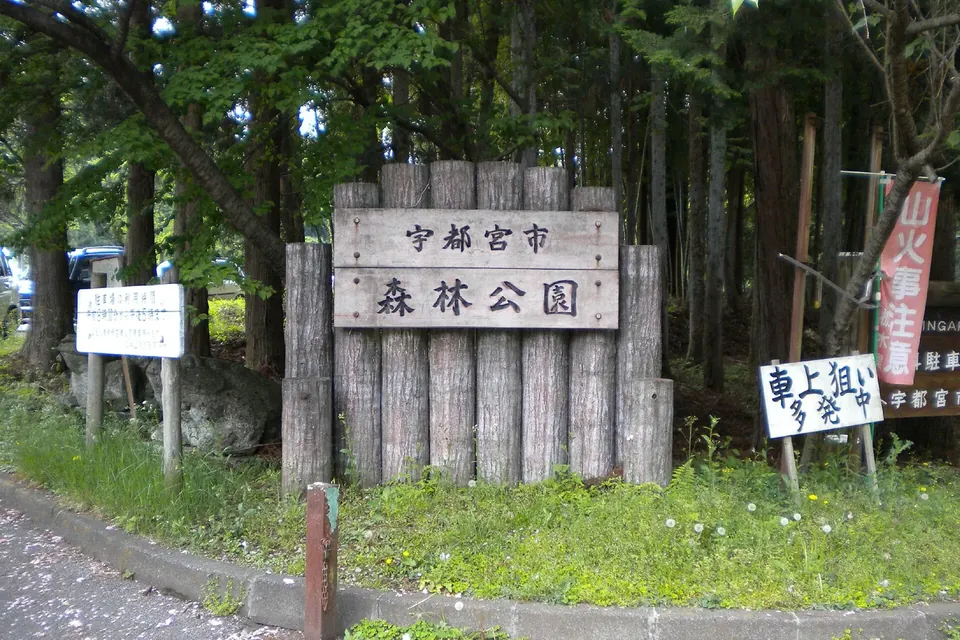 杉林を背にした丸太の柵に「宇都宮市 森林公園」と書かれた木の看板